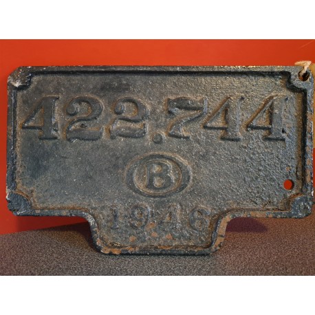 Gietijzeren nummerplaat spoorwegwagon schild 422.744 Belgische Spoorwegen 1946